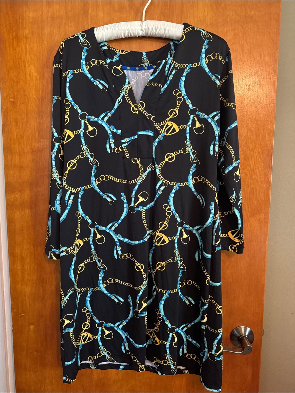Banana Boat Equestrian Long-Sleeve Chain Print Dress with Blue & Gold